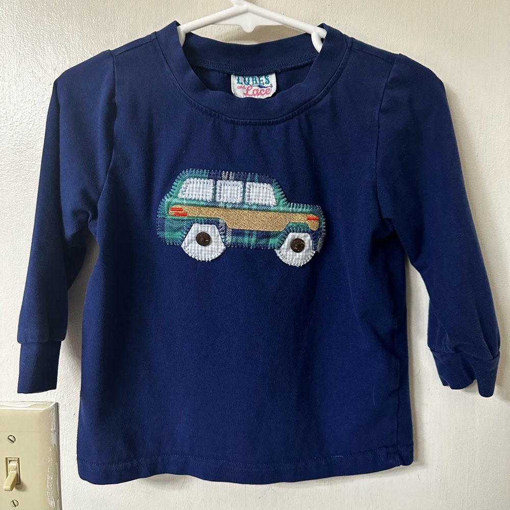 Smocked Blue Long Sleeve Shirt with Car Design